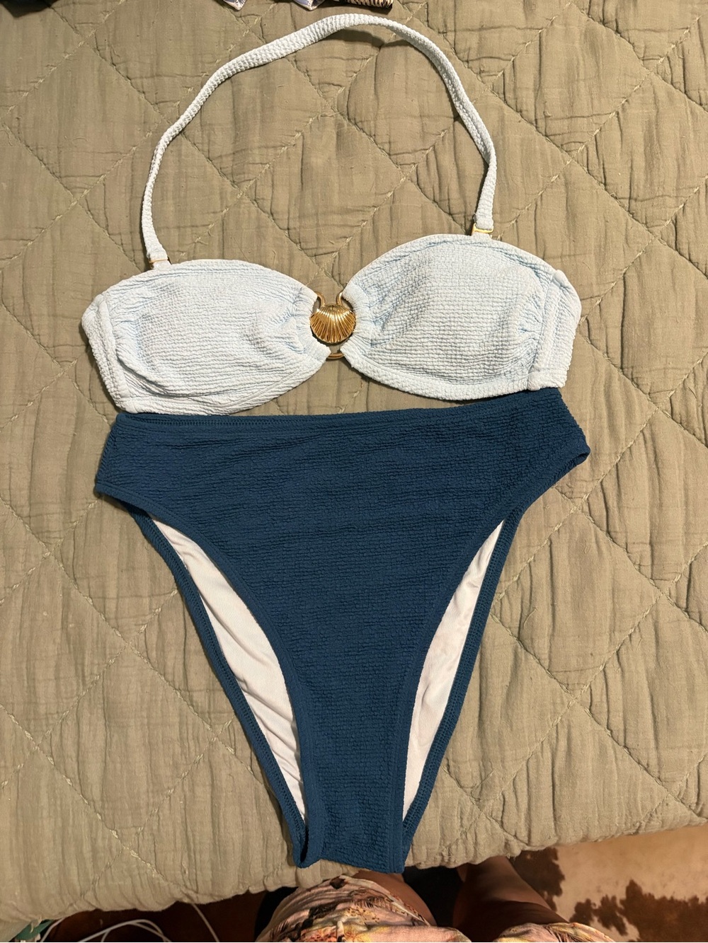 Two-Tone White and Teal Swimsuit with Shell Accent